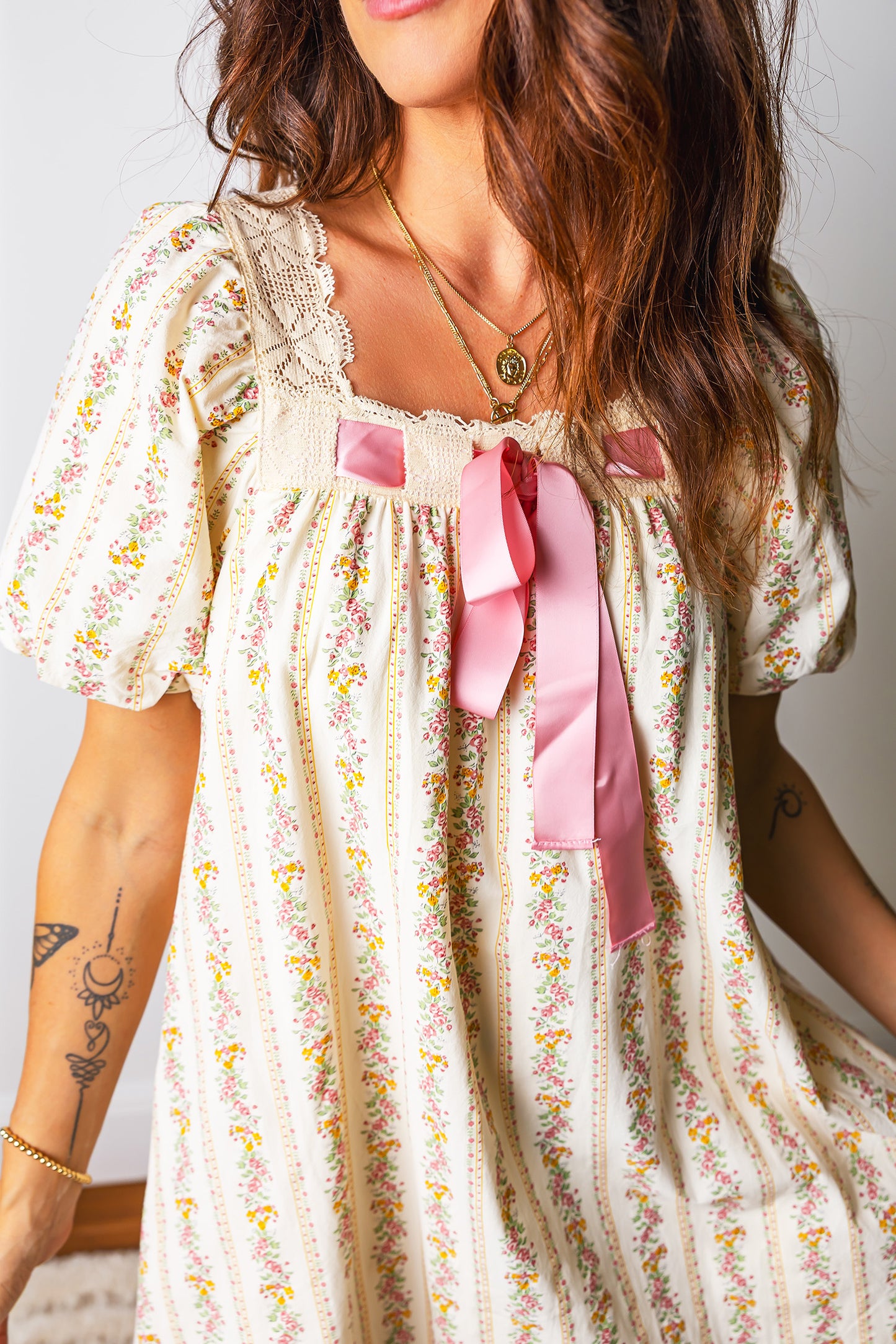 Multicolour Floral Print Contrast Ribbon Bow Lace Trim Square Neck Mini Dress