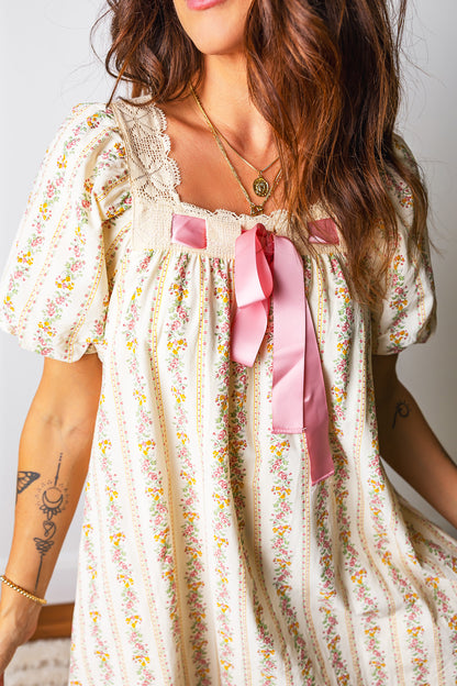 Multicolour Floral Print Contrast Ribbon Bow Lace Trim Square Neck Mini Dress