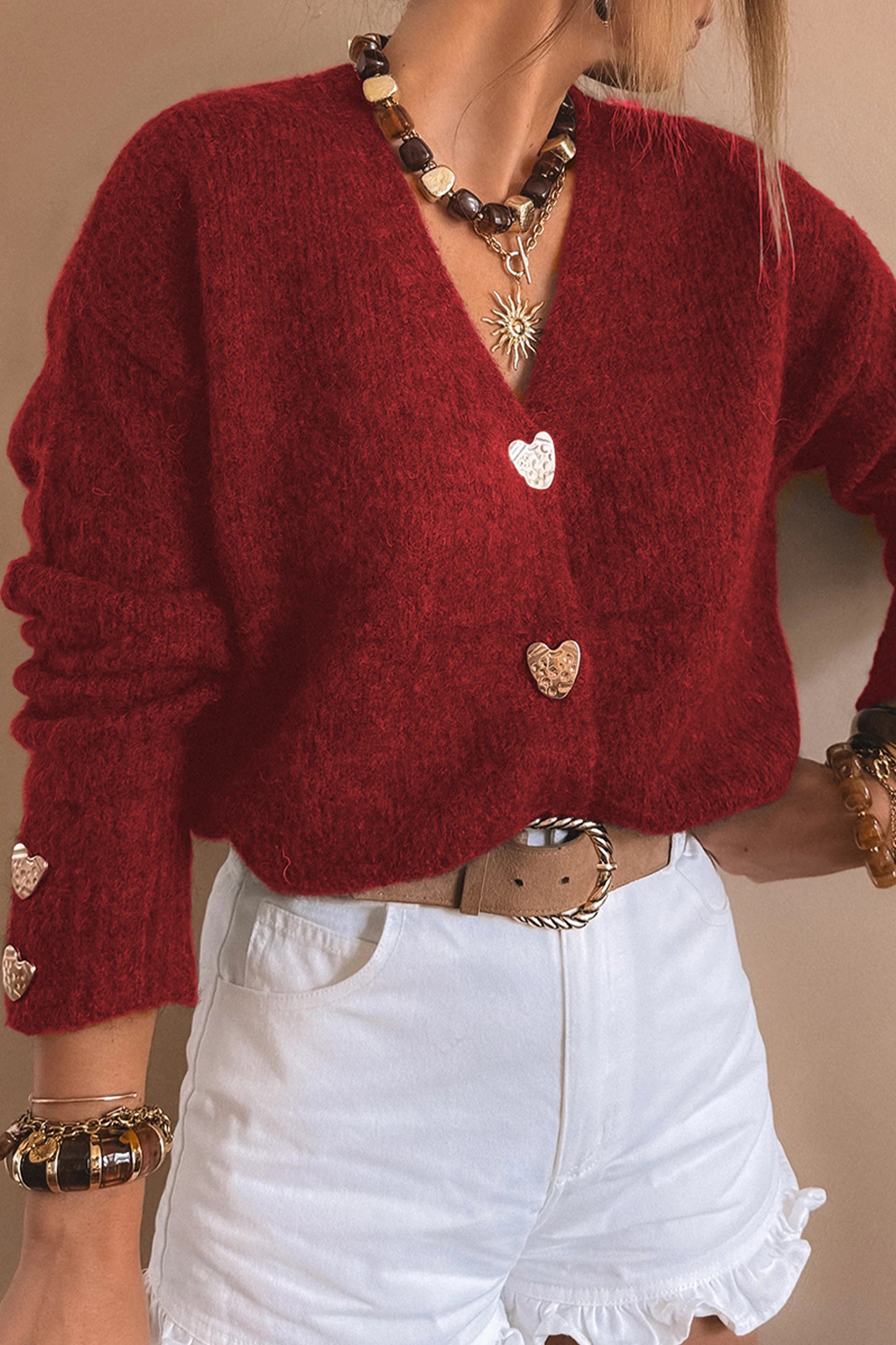 Chicory Coffee Heart Metal Button V Neck Cardigan Sweater