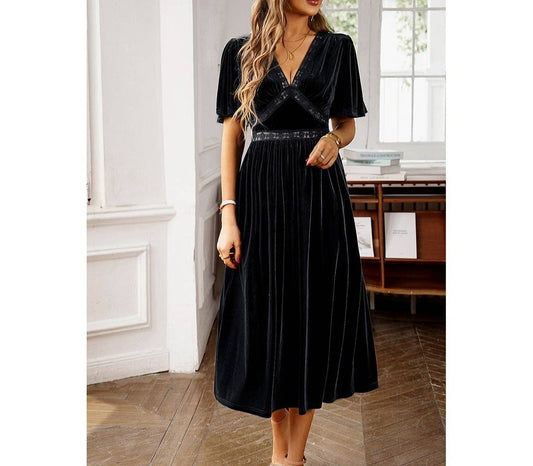 Color Block Floral Lace Deep V Ruched Velvet Dress | Dress - Women's | Dress, midi dress | Elings
