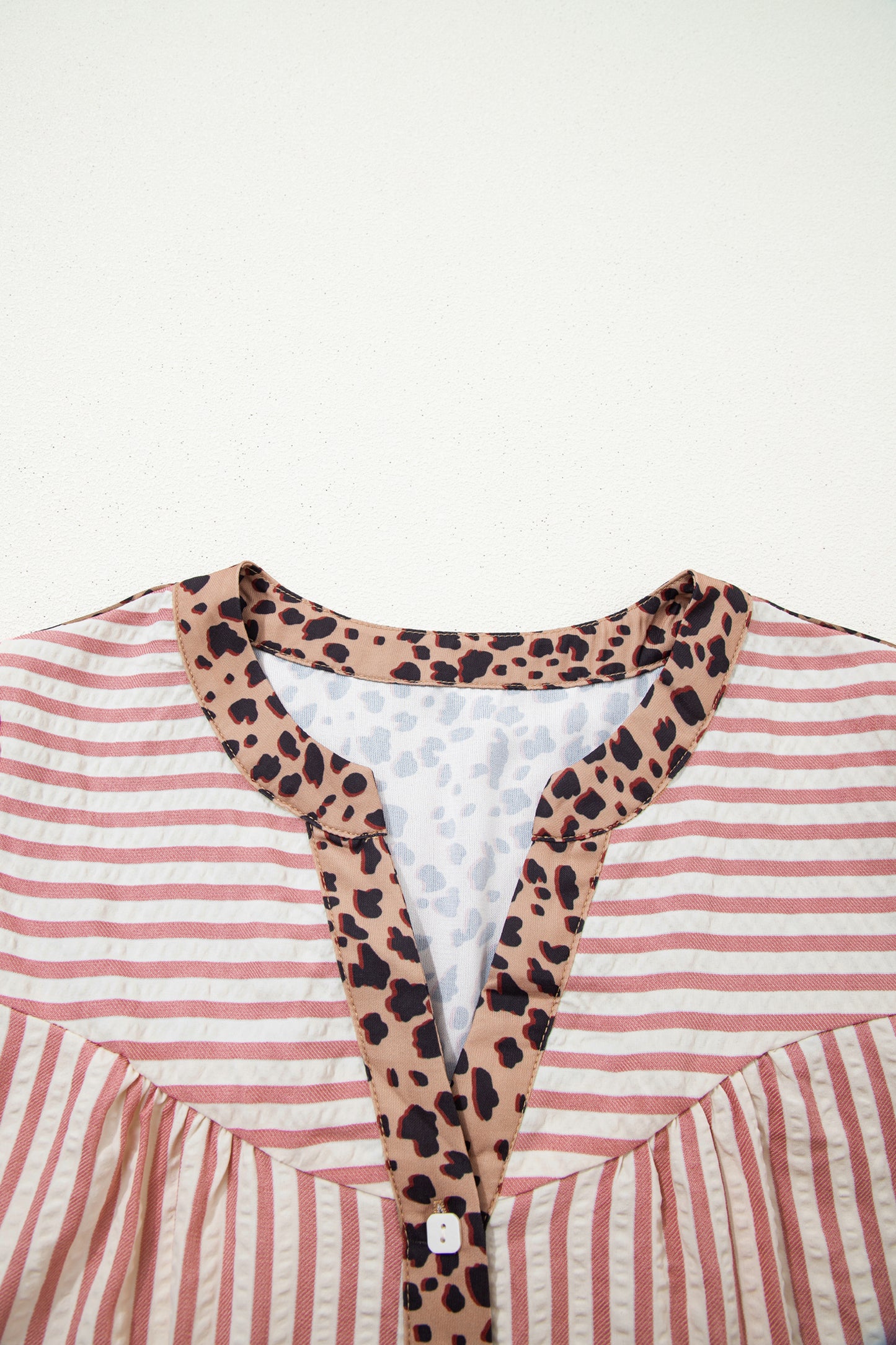 Stripe Square Button Leopard Trim Loose Bracelet Sleeve Shirt Dress