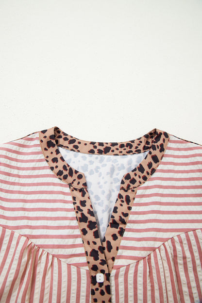 Stripe Square Button Leopard Trim Loose Bracelet Sleeve Shirt Dress