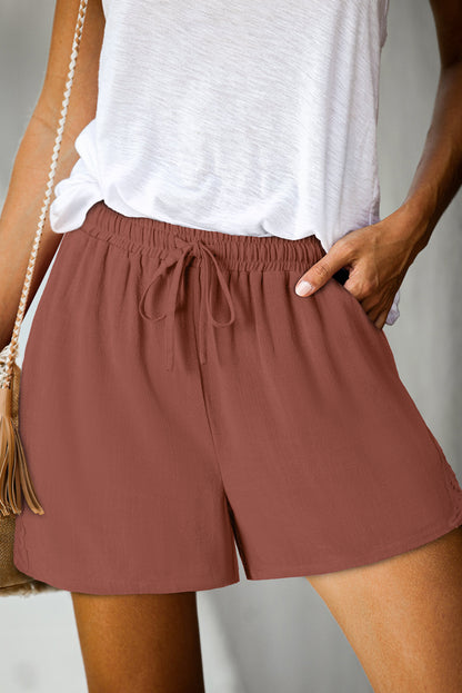 Chestnut Lace Splicing Drawstring Elastic Waist Loose Linen Shorts