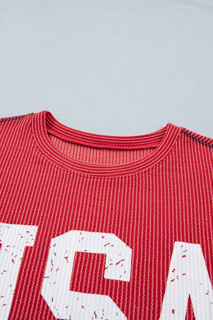 USA Graphic Half Sleeve Loose Ribbed Top