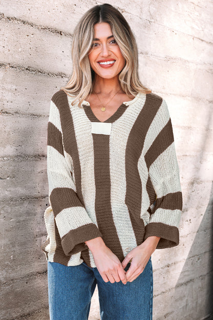 Brown Stripe Colorblock V Neck Bracelet Sleeve Sweater