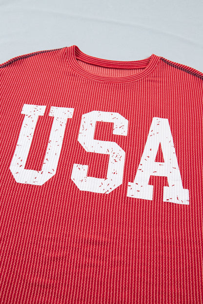 USA Graphic Half Sleeve Loose Ribbed Top