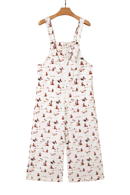 Western Printed Button Adjustable Straps Loose Jumpsuit Dungarees