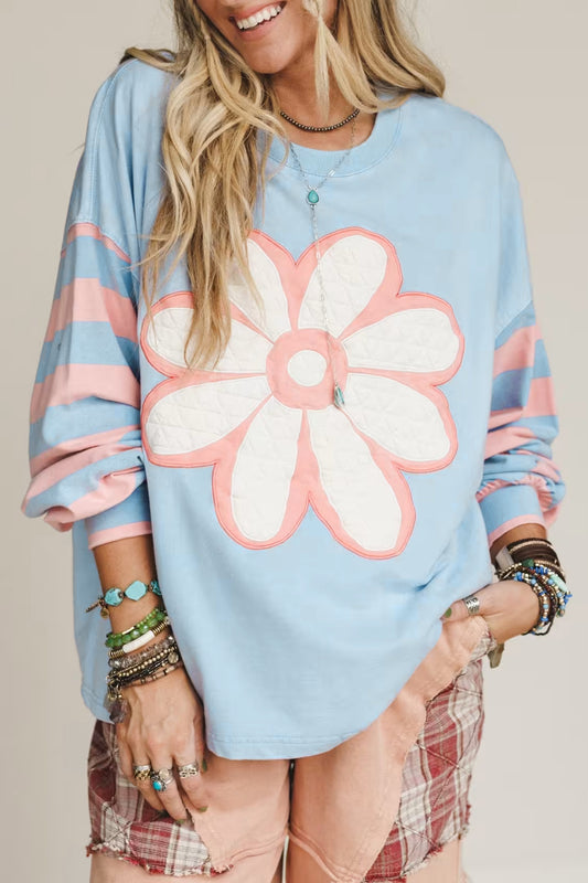 Beau Blue Big Flower Patch Drop Shoulder Striped Long Sleeve Top