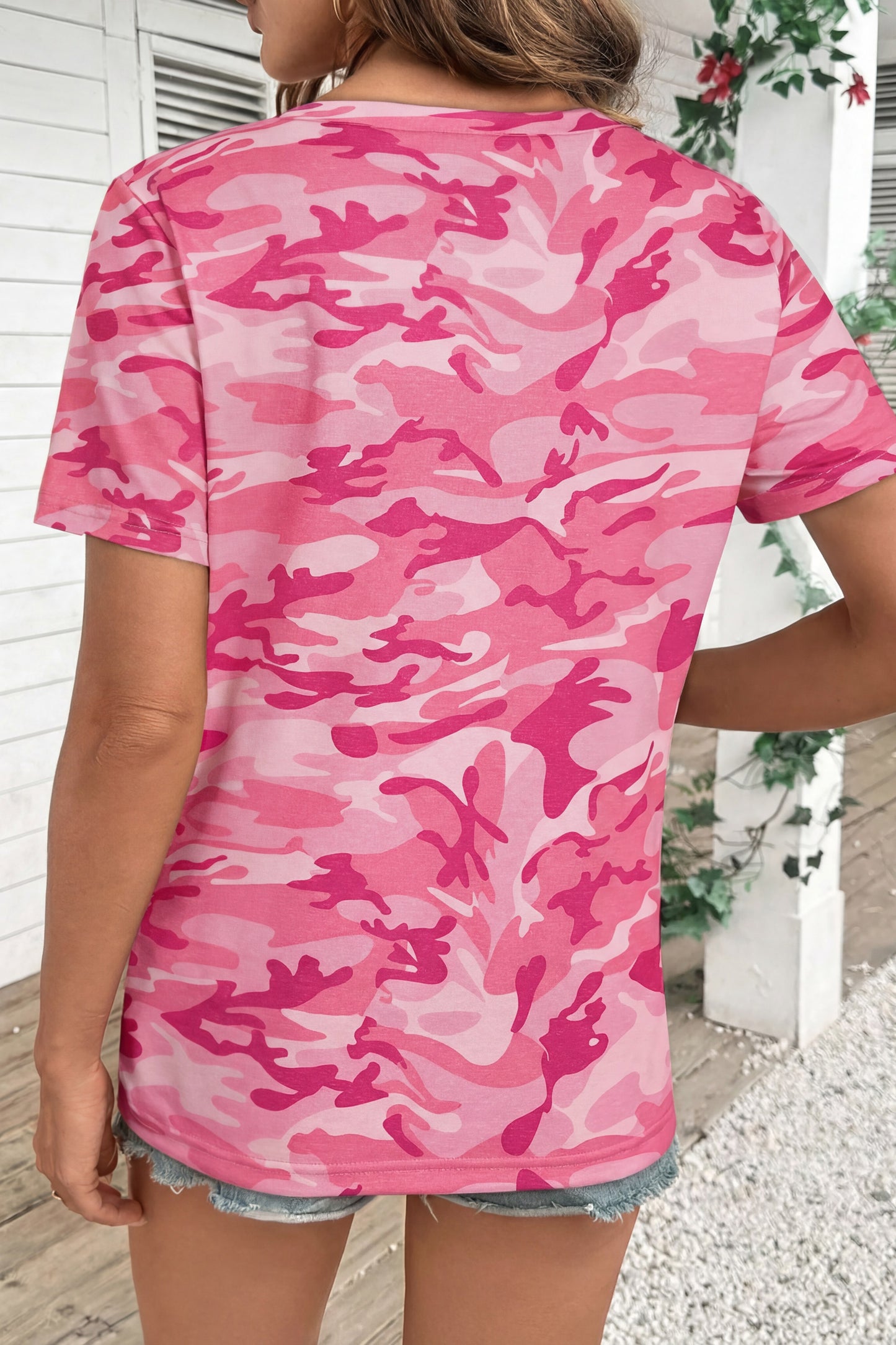 Pink Camouflage Print Crew Neck T Shirt