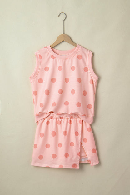 Ribbed Trim Polka Dot Print Tank Split Mini Skort 2pcs Set