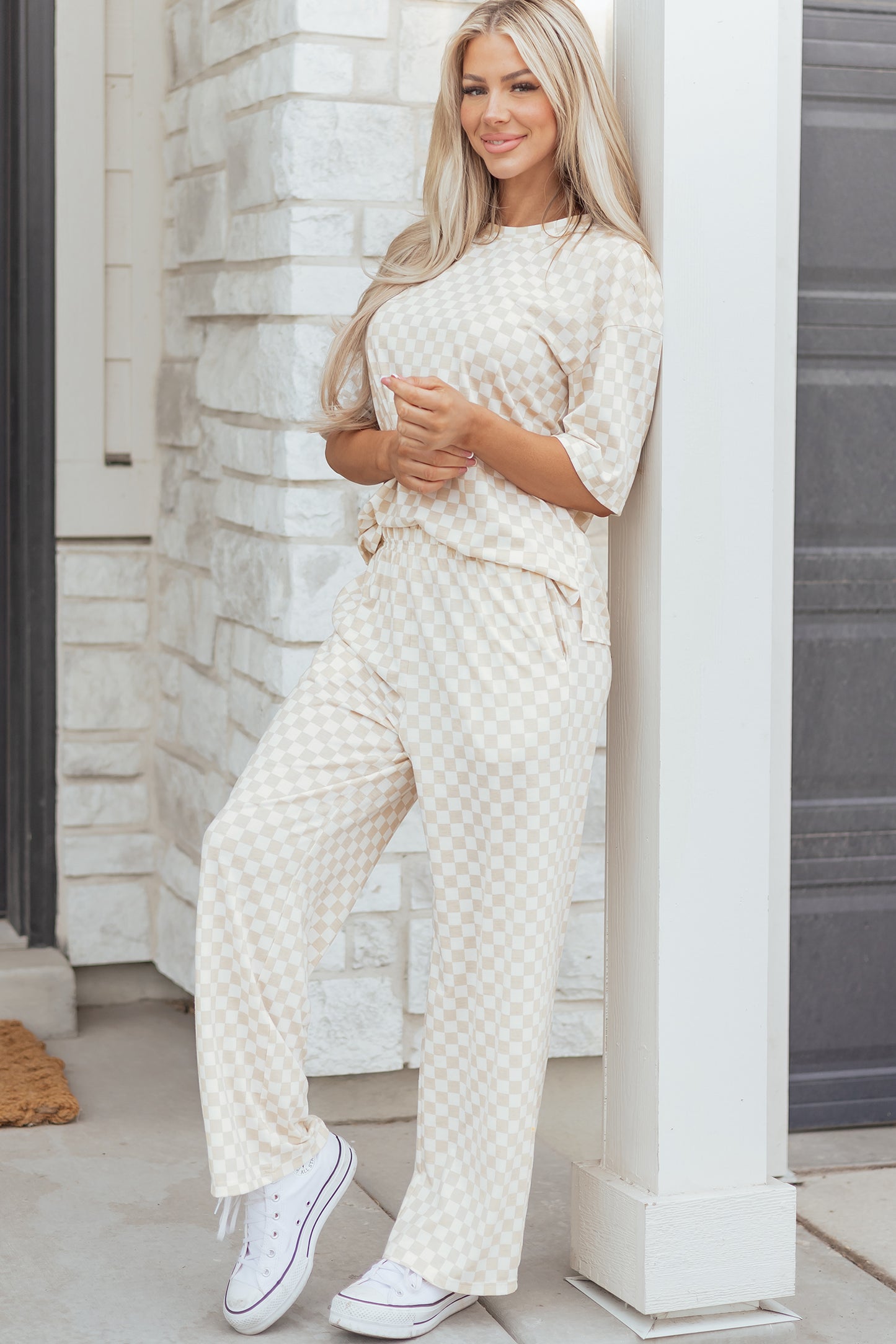 Khaki Checkered Print Half Sleeve Tee 2pcs Lounge Pant Set