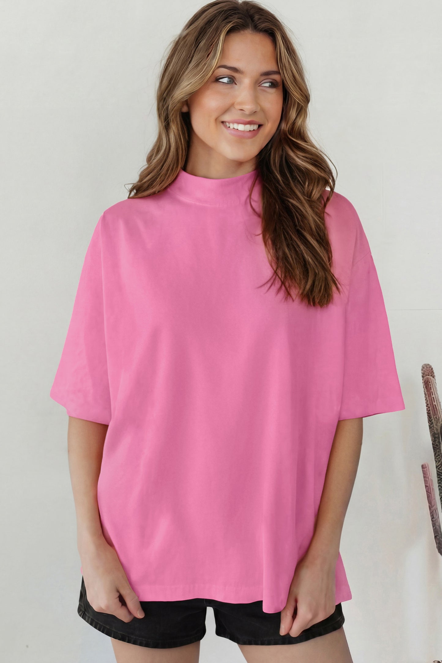 Pink Solid Color High Neck Oversize Tee