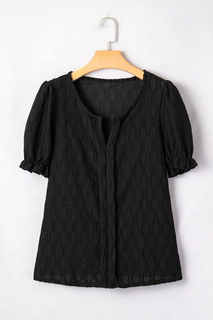 White Solid Color Textured Notched Neck Puff Sleeve Blouse