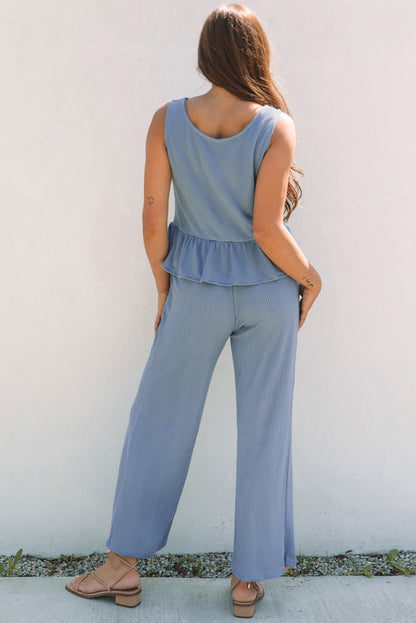 Solid Color Ribbed Ruffle Tank Top and Pants Set