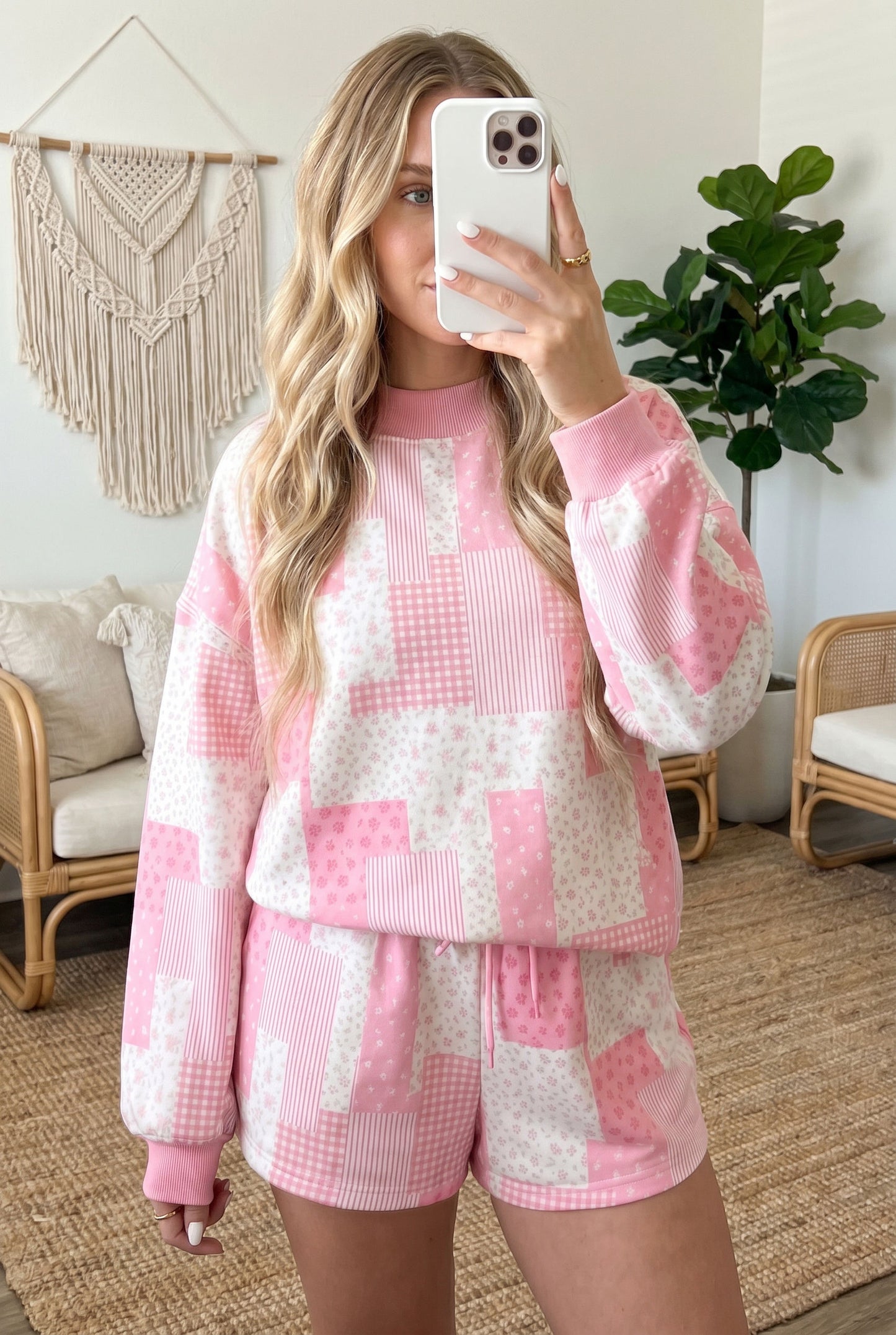 Patchwork Floral Print Drop Shoulder Baggy Pullover Drawstring Shorts Set