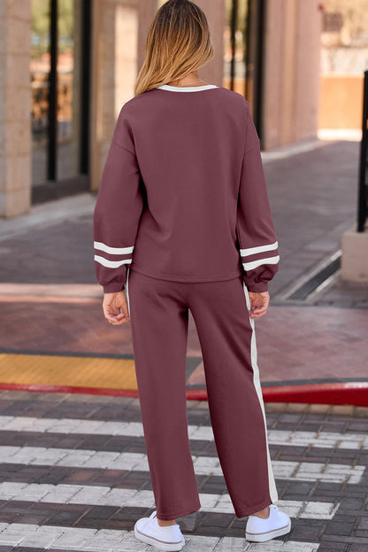 Gray Varsity Stripe Patchwork Puff Sleeve Pullover Drawstring Wide Leg Pant Set