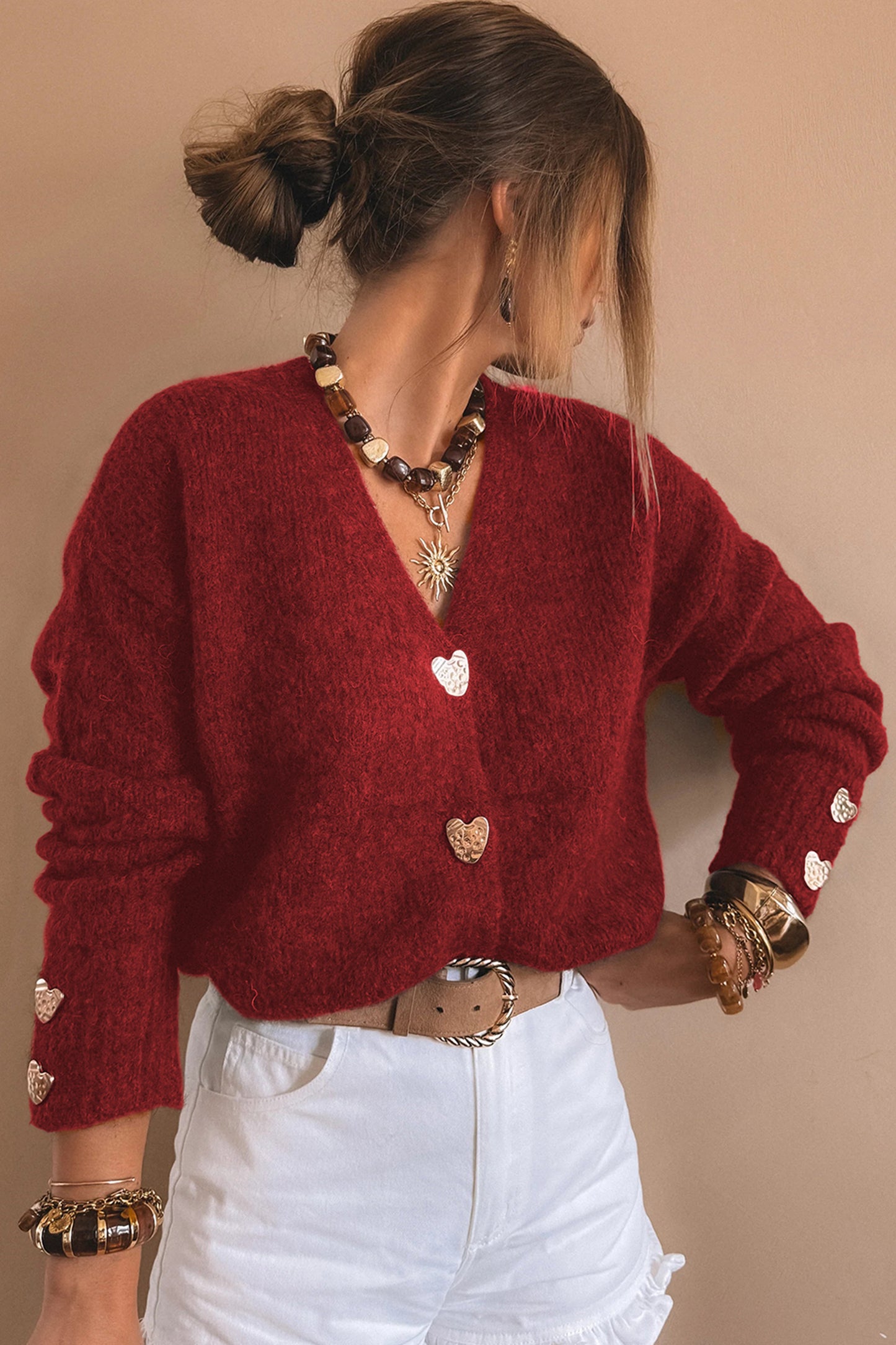 Chicory Coffee Heart Metal Button V Neck Cardigan Sweater