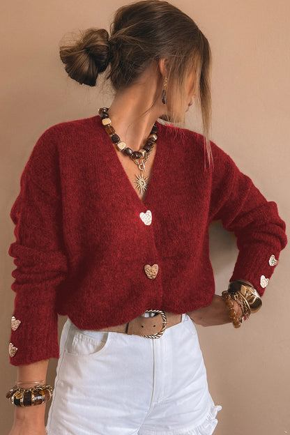 Chicory Coffee Heart Metal Button V Neck Cardigan Sweater