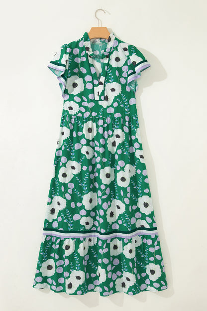 V Neck Ruffled Short Sleeve Flower Maxi Dress