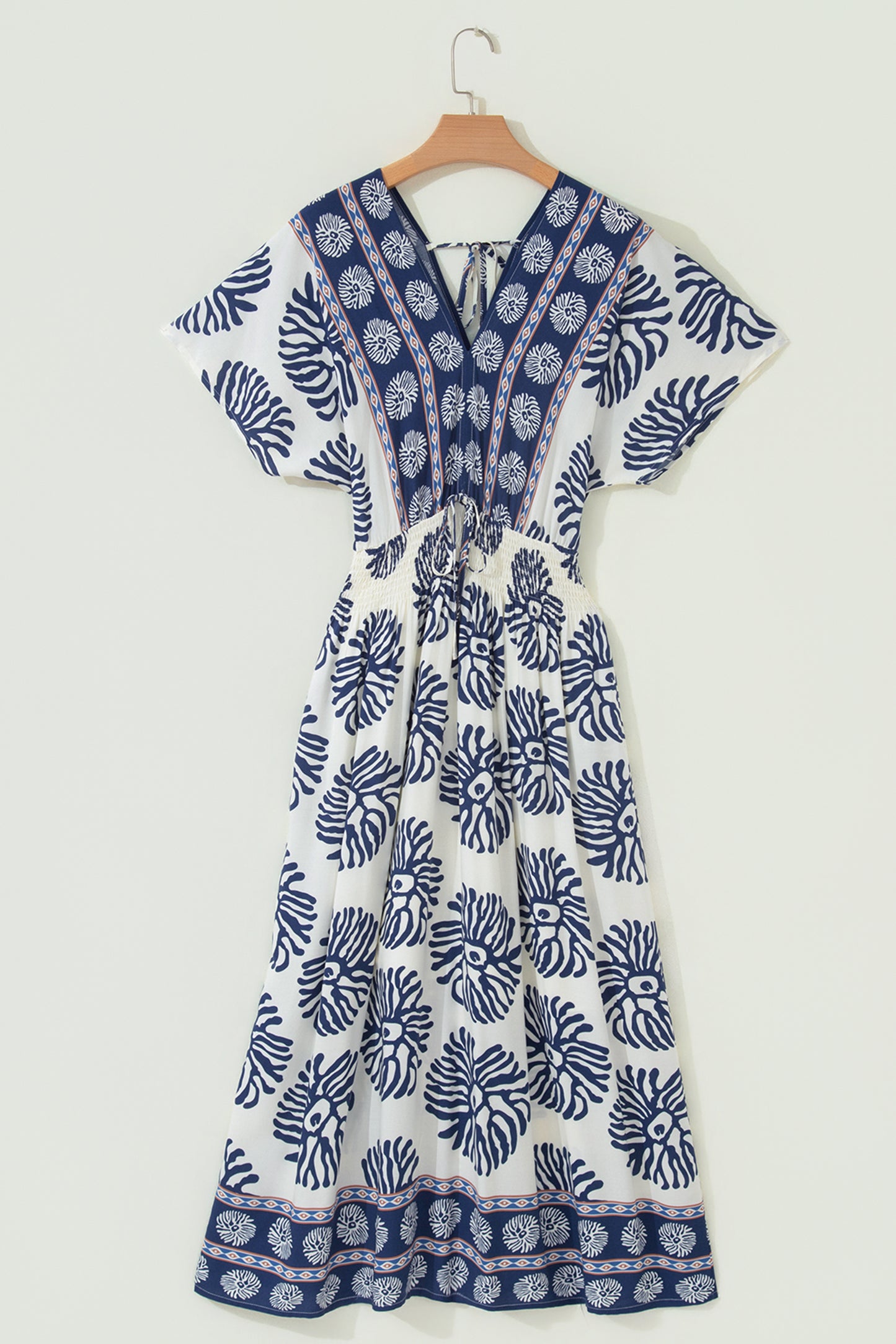 Blue Boho Floral Print Contrast Patchwork V Neck Dolman Maxi Dress