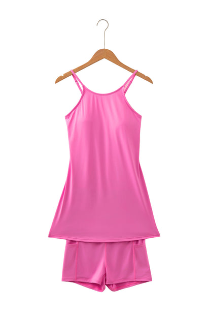 Solid Color Tunic Tank Dress Athletic Shorts Two Piece Set