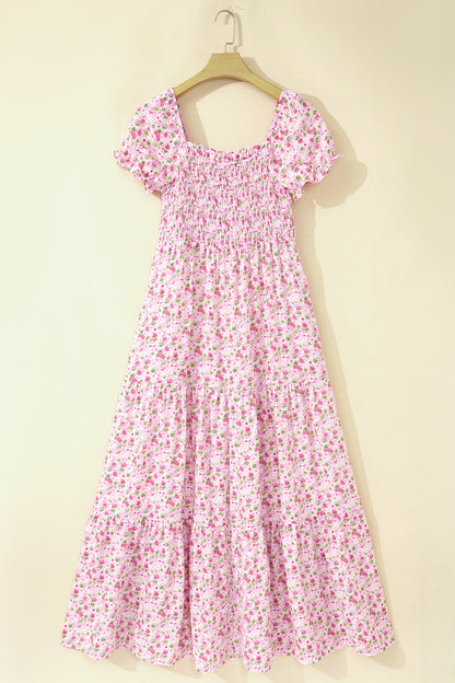 Floral Short Bubble Sleeve Shirred High Waist Maxi Dress