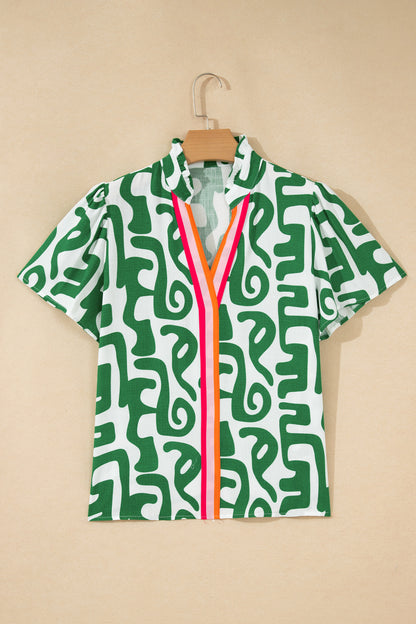 Abstract Print Striped Trim V Neck Short Sleeve Blouse