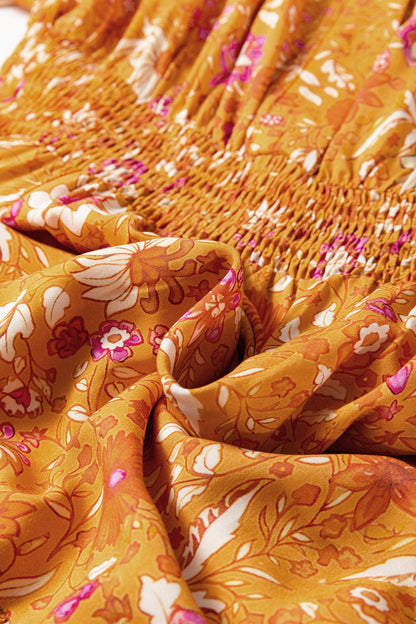 Orange Floral Print Smocked Waist Long Sleeve Boho Maxi Dress