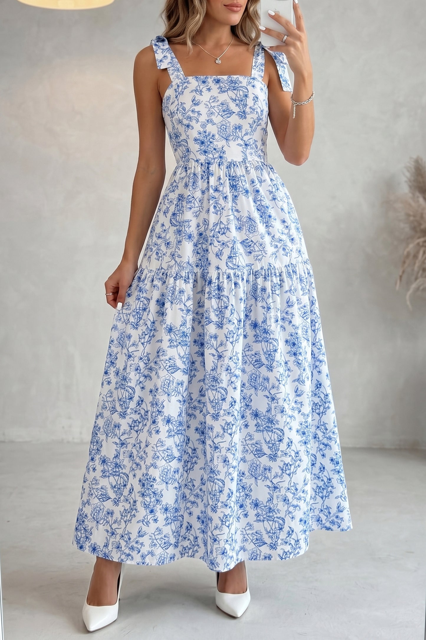Floral Print Knot Straps High Waist Flared Maxi Dress
