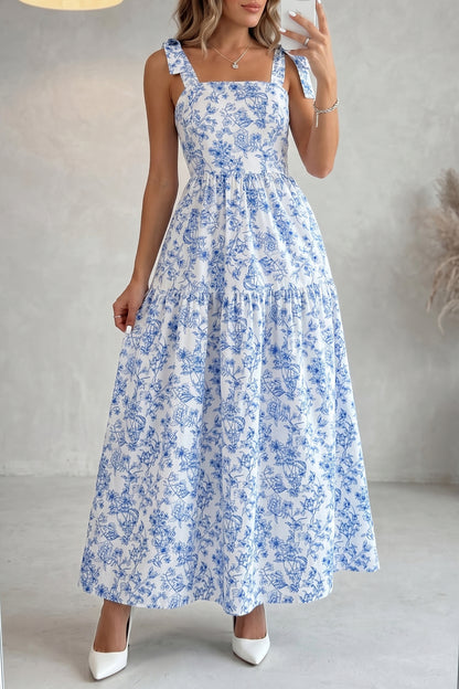 Floral Print Knot Straps High Waist Flared Maxi Dress