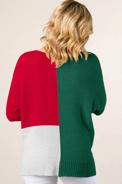 Chestnut Color Block Knit V Neck Loose Sweater