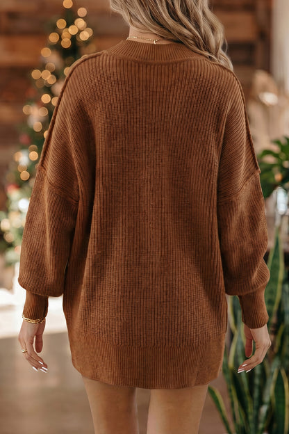 Long Sleeve Ribbed Knit Stand Neck Regular Fit Sweater