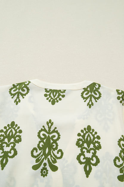 Apricot Floral Print Tie V Neck Button Down Puffy Half Sleeve Shirt