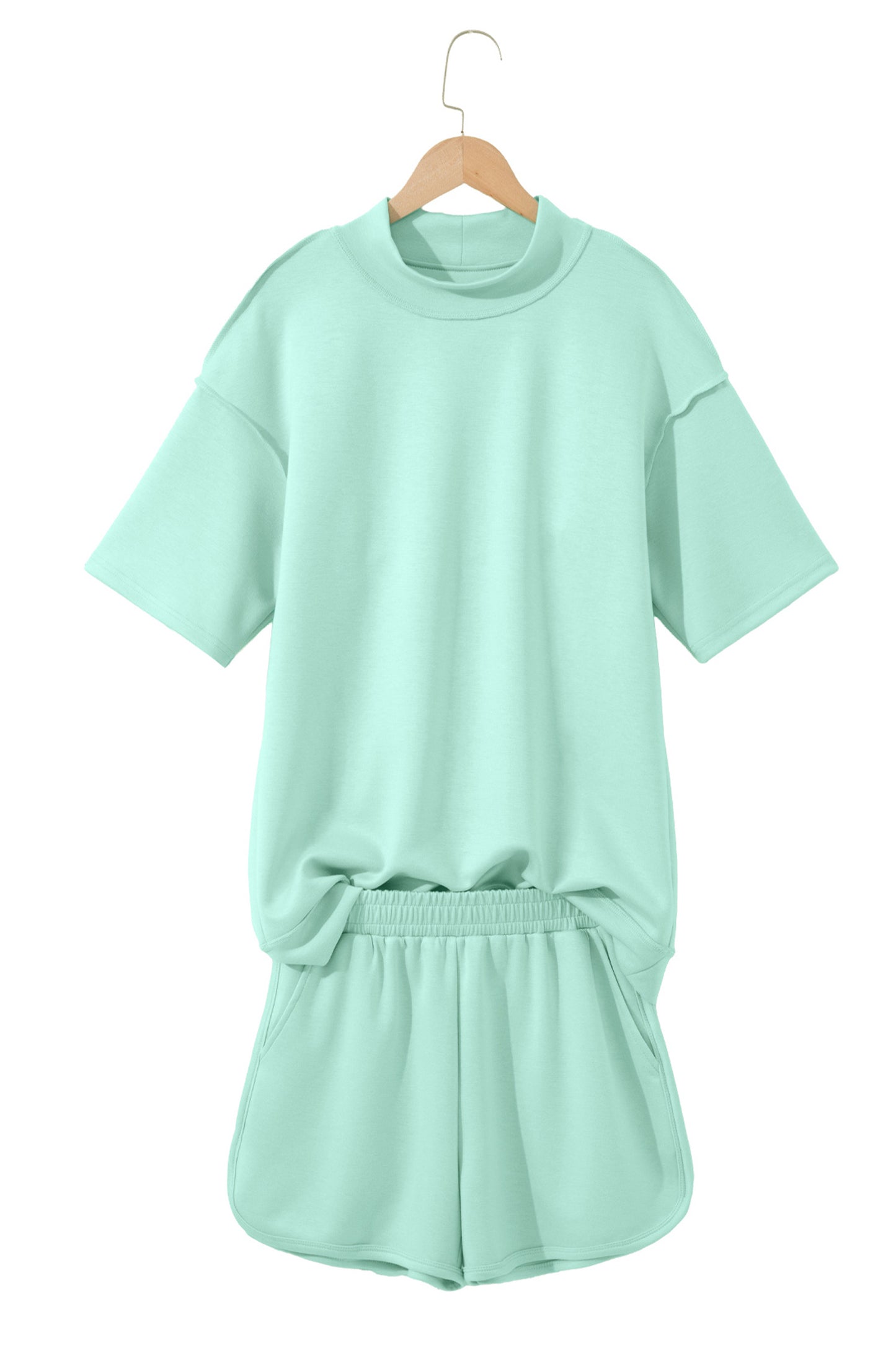 Solid Color Exposed Seam Mock Neck Oversize Tee Casual Shorts 2pcs Outfit