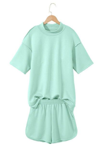 Solid Color Exposed Seam Mock Neck Oversize Tee Casual Shorts 2pcs Outfit