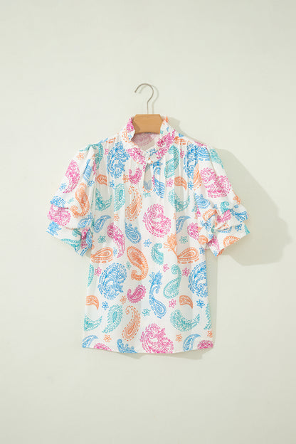 Multicolour Vibrant Paisley Printed Button Keyhole Puff Sleeve Blouse