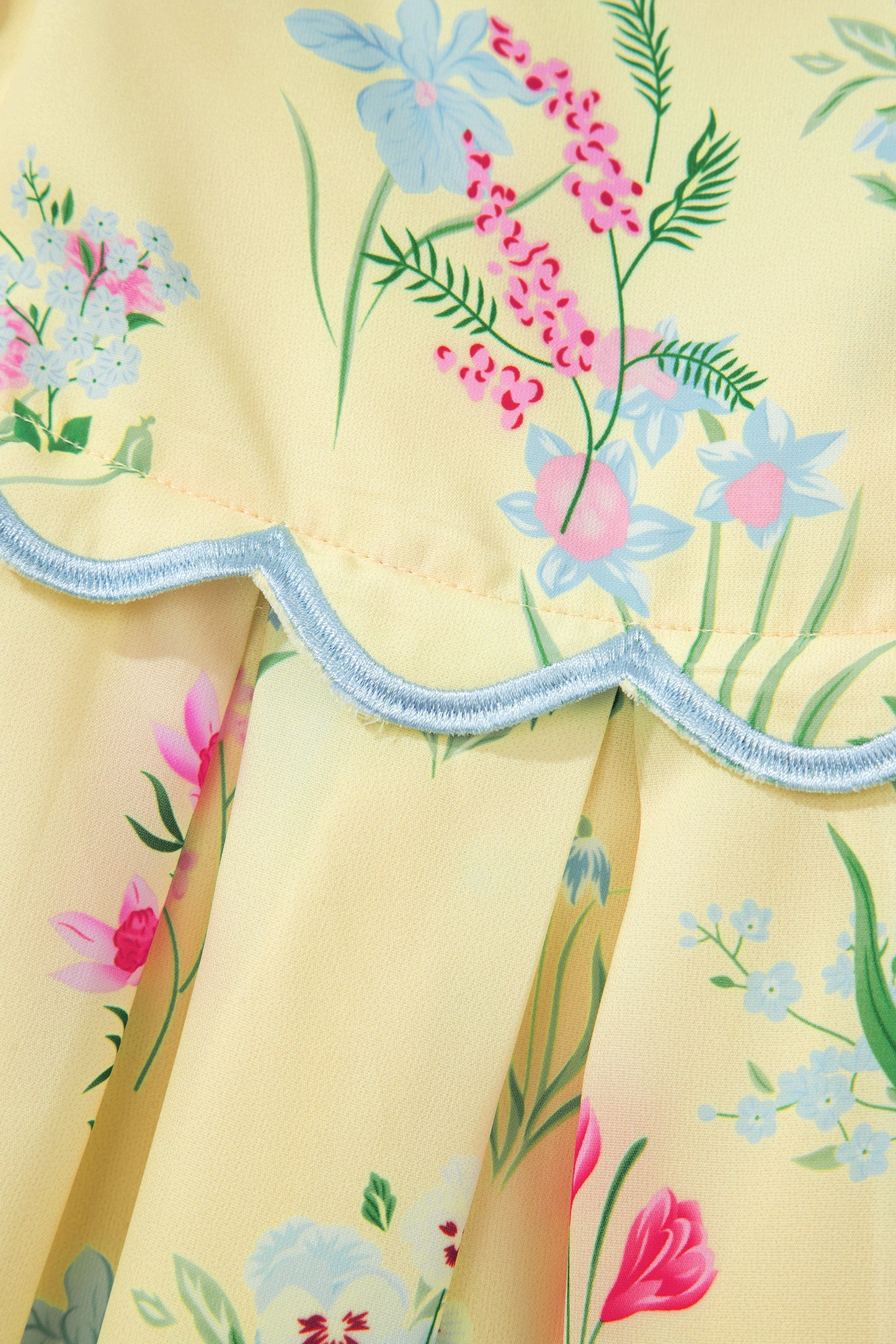 Floral Print Contrast Trim Self-tie Straps High Waist Midi Dress
