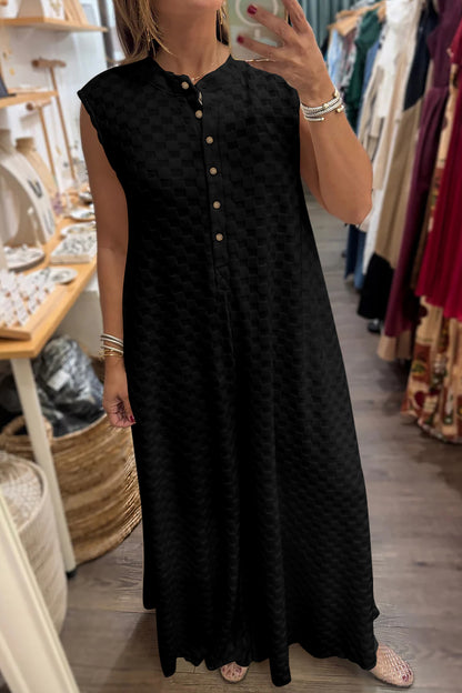 Half Buttons Sleeveless Wide Leg Textured Jumpsuit