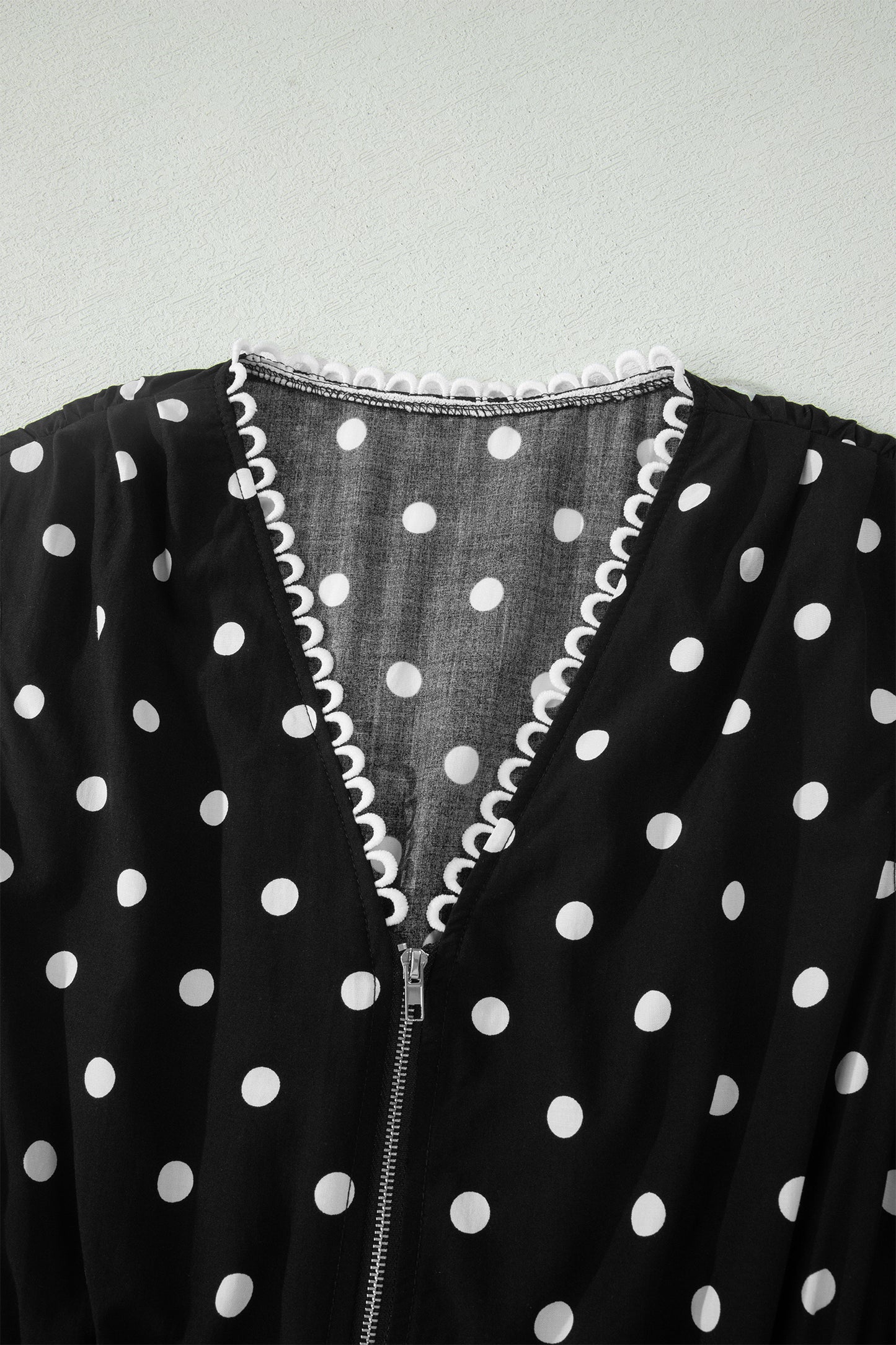 Polka Dot Print Contrast Trim V Neck Zip Up Sleeveless Dress