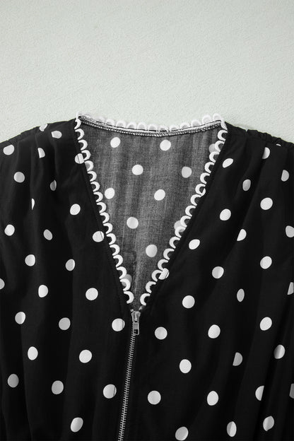 Polka Dot Print Contrast Trim V Neck Zip Up Sleeveless Dress