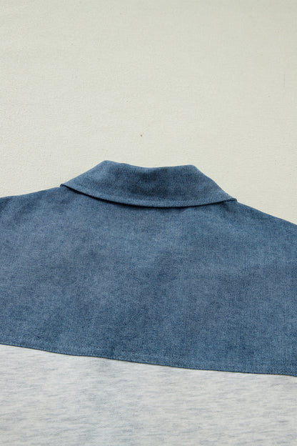 Light Grey Color Block Denim Patchwork Button Polo Collar Short Sleeve Top