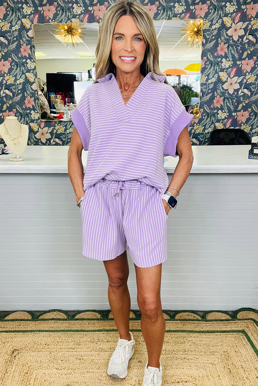 Stripe Dolman Sleeve Polo Shirt and Drawstring Shorts Set