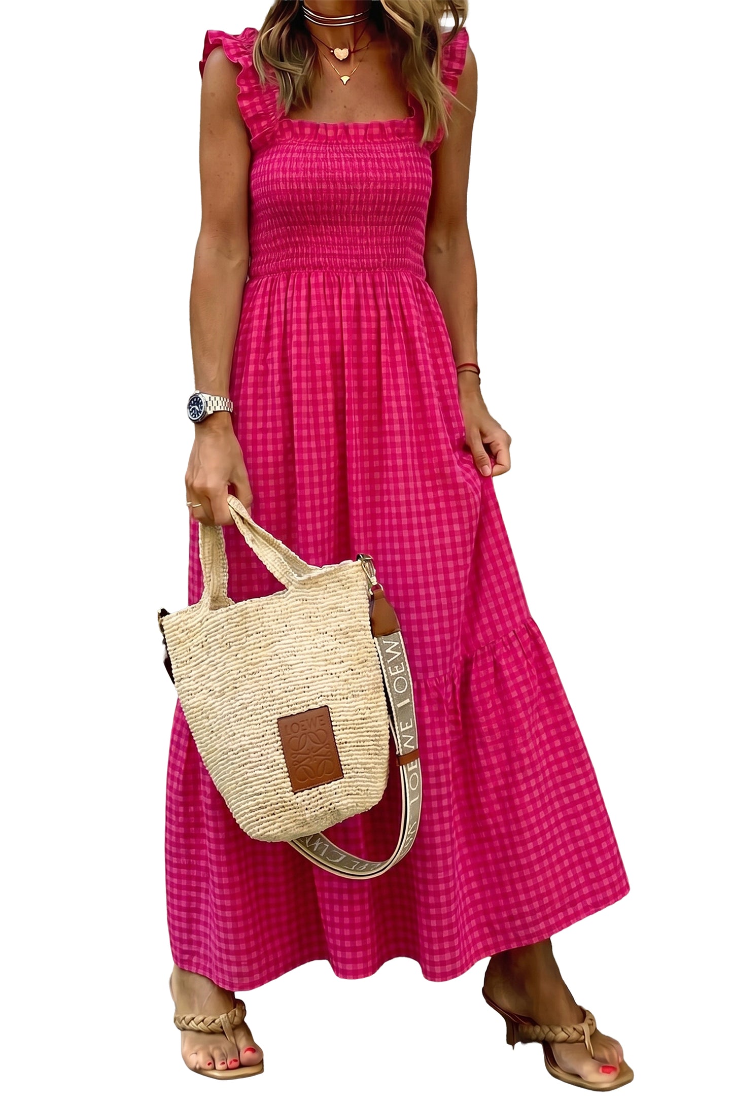 Plaid Square Neck Fit-and-flared Vacation Sundress