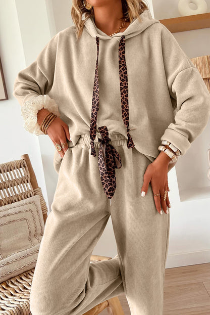 Lace Drawstring Pullover Hoodie and High Waist Pants Corduroy Suit