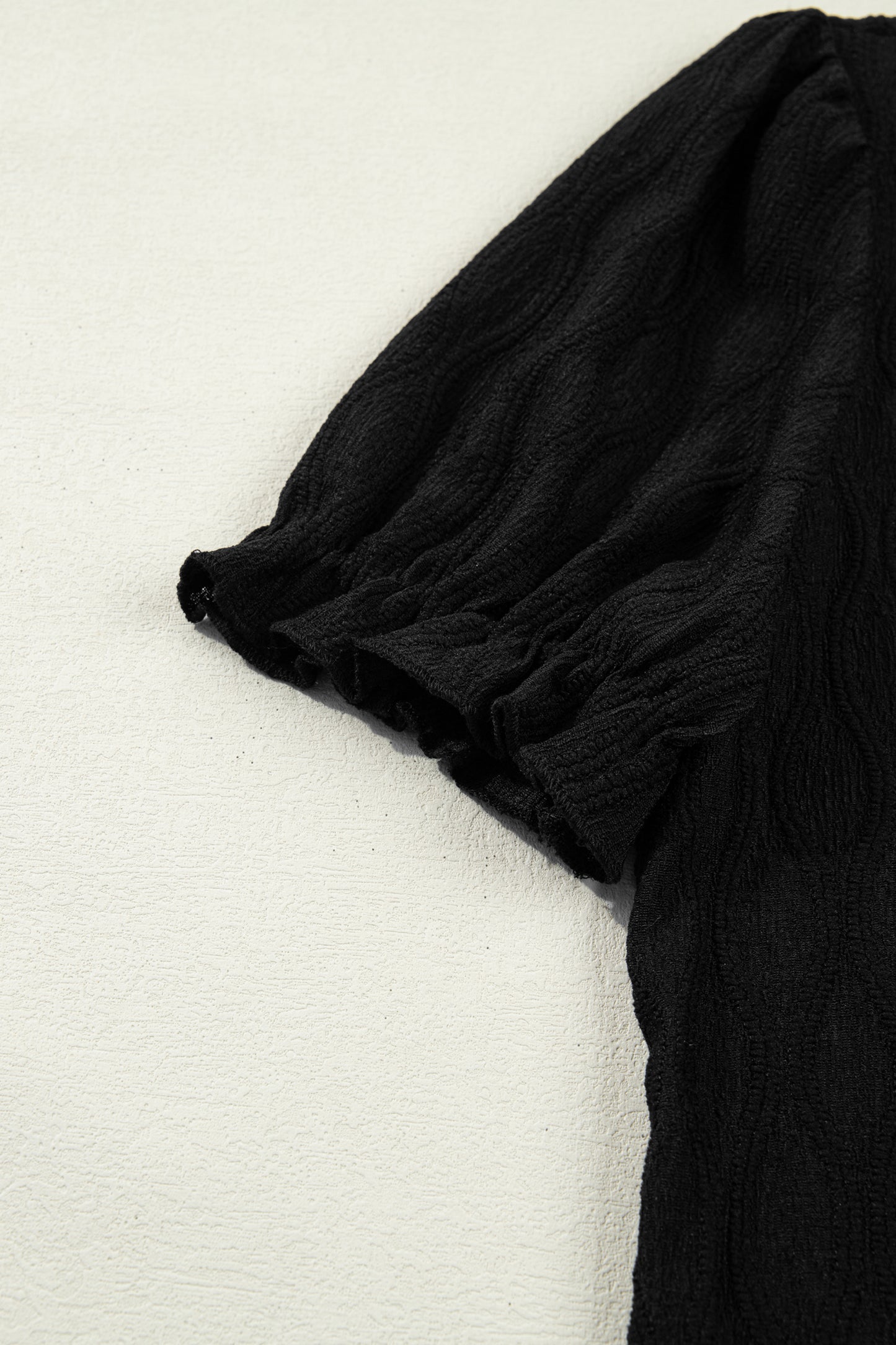 White Solid Color Textured Notched Neck Puff Sleeve Blouse