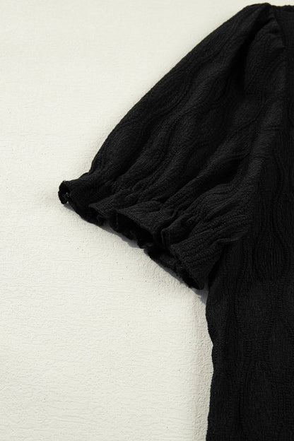 White Solid Color Textured Notched Neck Puff Sleeve Blouse