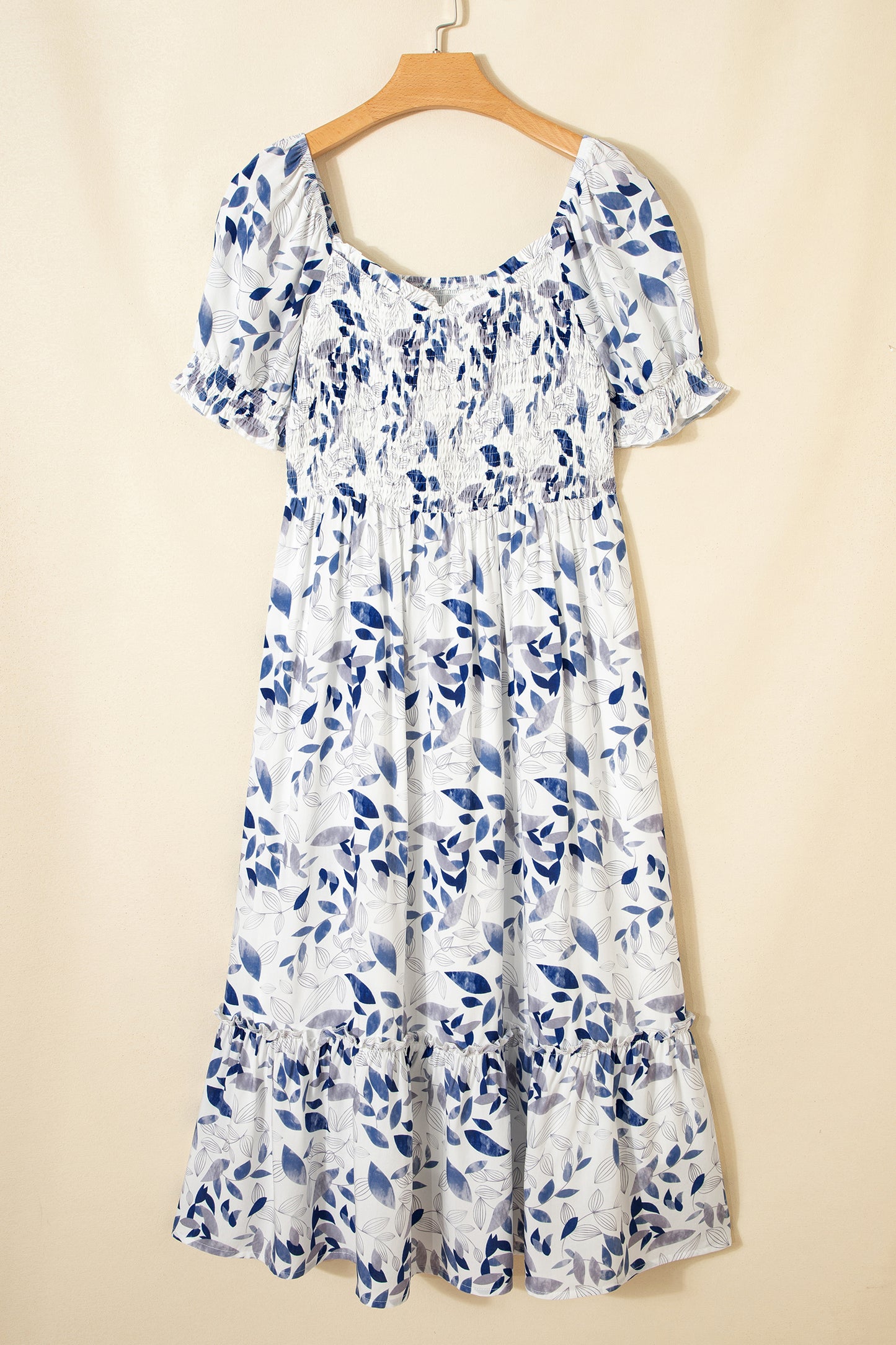 Sky Blue Smocked Bodice Short Puff Sleeve Tiered Floral Midi Dress