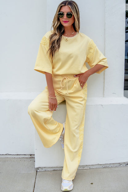Lace Patchwork Half Sleeve Top Elastic Waist Pants Two Piece Set