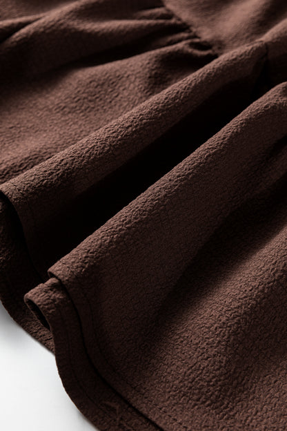 Coffee Plus Size Frilled Trim V Neck Puff Sleeve Textured Mini Dress