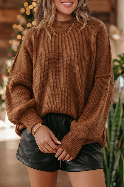 Long Sleeve Ribbed Knit Stand Neck Regular Fit Sweater